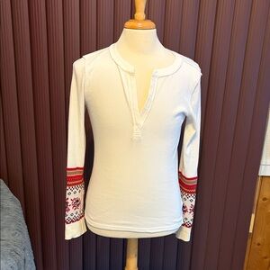 Free People Cream Thermal Top with Red & Pink Embroidered Cuffs